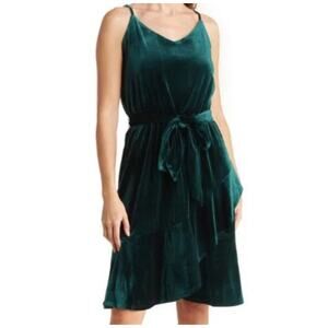 Rachel Zoe Green Velvet V Neck Belted Knee Length Dress US Women's L